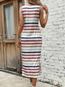 Slit Striped Round Neck Tank Dress - Premium DRESSES from Trendsi - Just $14! Shop now at KisLike