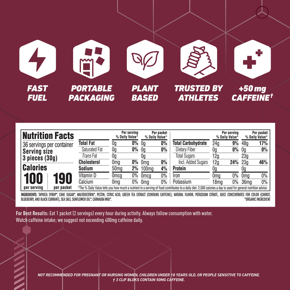 CLIF BLOKS - Energy Chews - Black Cherry Flavor - 50mg Caffeine - 2.12 Ounce Packets - 18 Count With Caffeine - Premium Energy & Endurance from Clif Bar - Just $37.31! Shop now at Kis'like