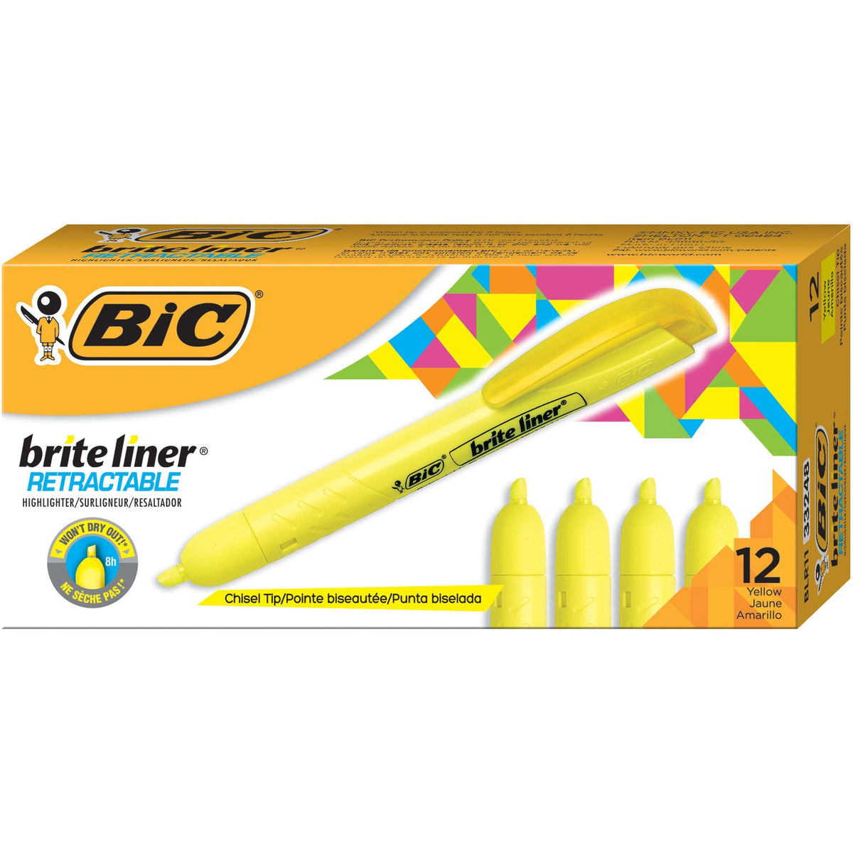 BIC Brite Liner Retractable Highlighter, Chisel Tip, Yellow, 12