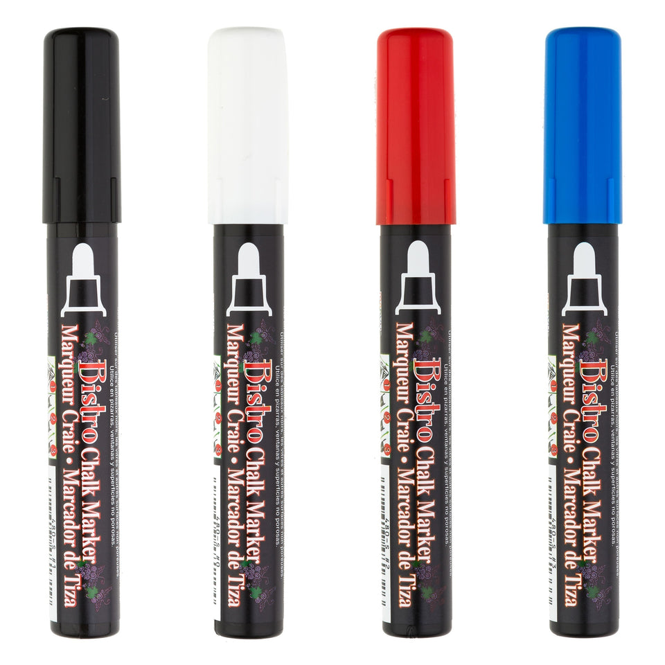 Marvy Uchida Bistro Chalk Marker, Broad Tip, Primary Colors, 4 Pc Set, 551740233 Red Black/Red/Blue/White - Premium Shop Markers by Brand from Marvy Uchida - Just $12.99! Shop now at Kis'like