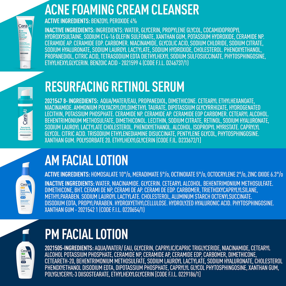 CeraVe Skin Care Set for Acne Treatment with Face Wash with Benzoyl Peroxide, Retinol Serum, AM Face Moisturizer with SPF & PM Face Moisturizer,5oz Cleanser + 1oz Serum + 2oz AM Lotion + 2oz PM Lotion - Premium Sets & Kits from CeraVe - Just $68.89! Shop now at KisLike