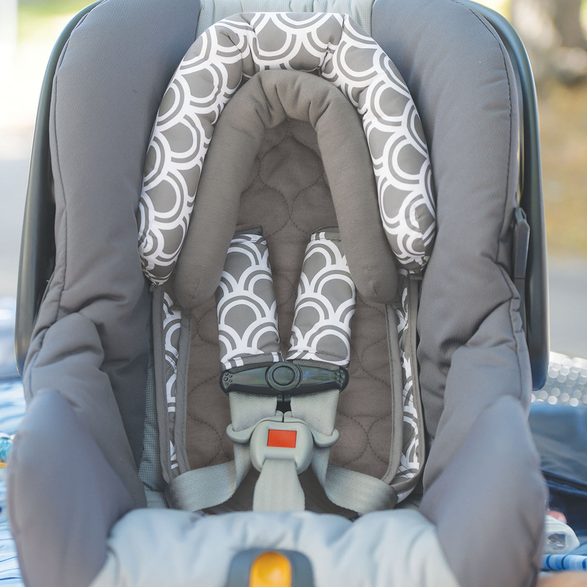 On the Goldbug Grey Duo Head Support and Strap Cover Set for Car Seat
