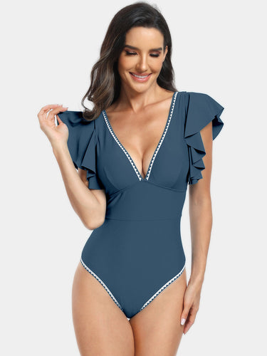 Plunge Cap Sleeve One-Piece Swimwear - Premium trajes de baño from Trendsi - Just $25! Shop now at KisLike