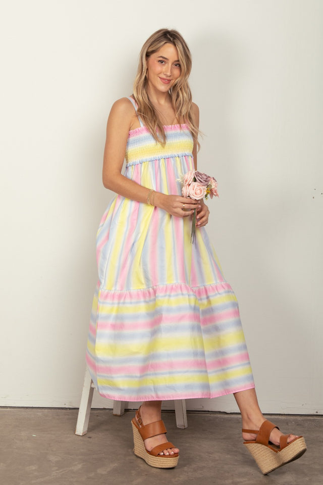 VERY J Striped Woven Smocked Midi Cami Dress - Premium DRESSES from Trendsi - Just $49! Shop now at KisLike