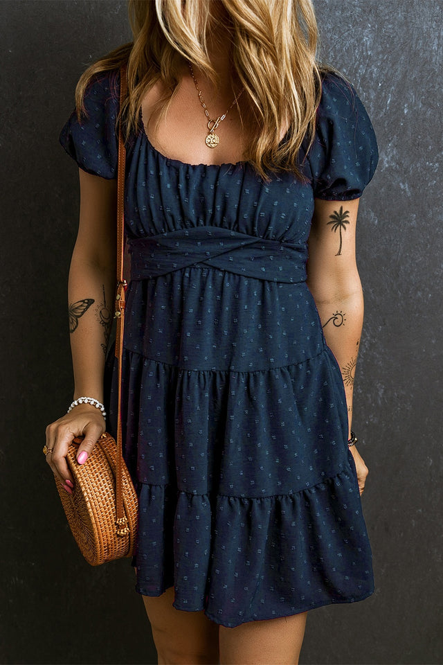 Swiss Dot Short Sleeve Mini Dress - Premium DRESSES from Trendsi - Just $25! Shop now at KisLike