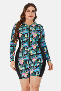 Plus Size Floral Zip Up  Long Sleeve Short Wetsuit - Premium  from Trendsi - Just $33! Shop now at KisLike