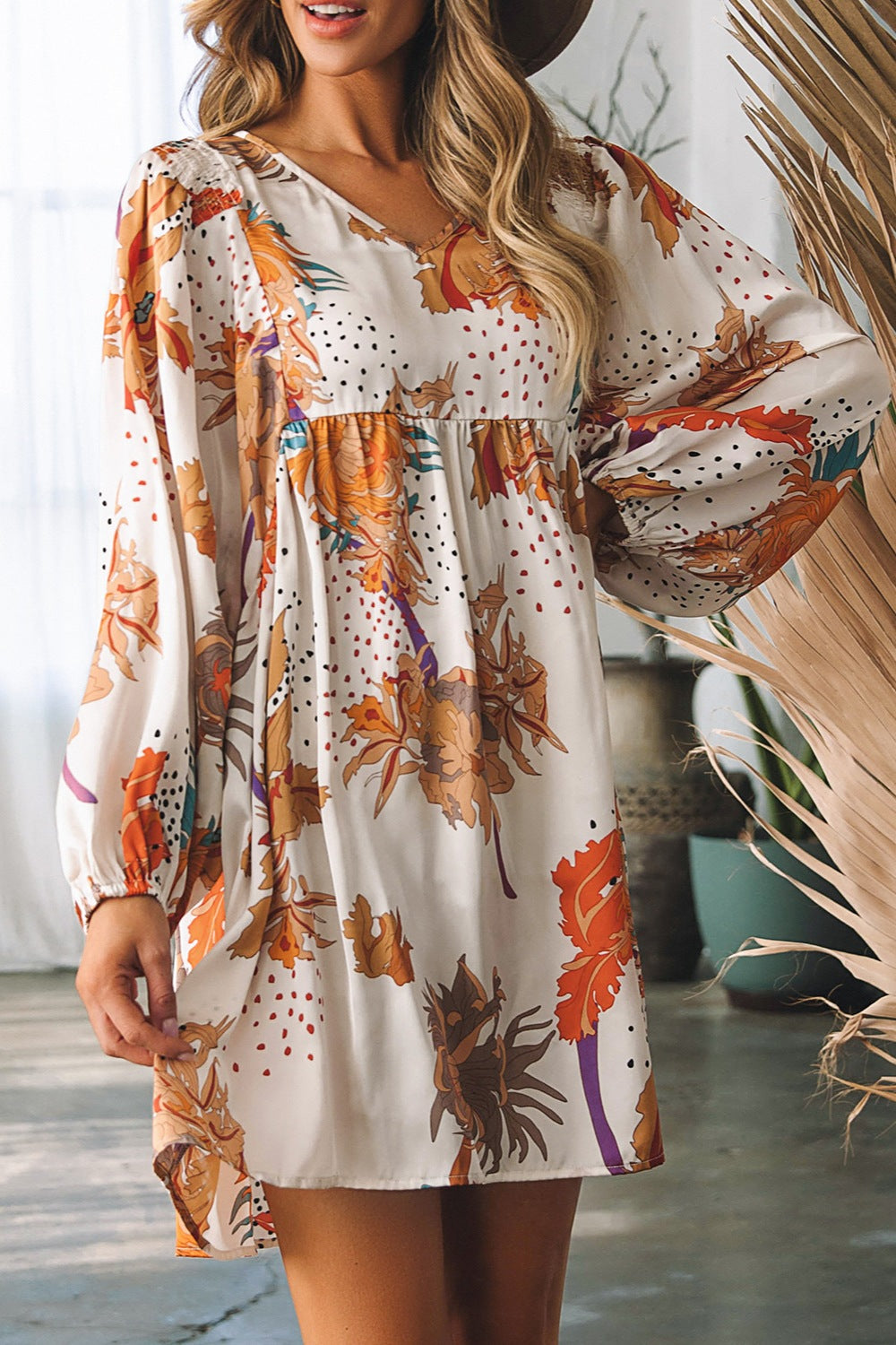 Printed V-Neck Balloon Sleeve Mini Dress - Premium DRESSES from Trendsi - Just $20.28! Shop now at KisLike