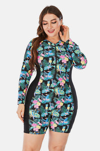 Plus Size Floral Zip Up  Long Sleeve Short Wetsuit - Premium  from Trendsi - Just $33! Shop now at KisLike