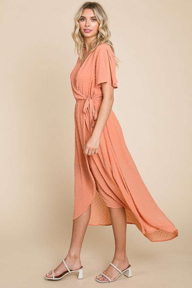 Culture Code Full Size Swiss Dot Tied Slit Short Sleeve Dress - Premium DRESSES from Trendsi - Just $48.58! Shop now at KisLike