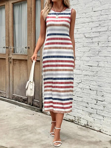 Slit Striped Round Neck Tank Dress - Premium DRESSES from Trendsi - Just $14! Shop now at KisLike