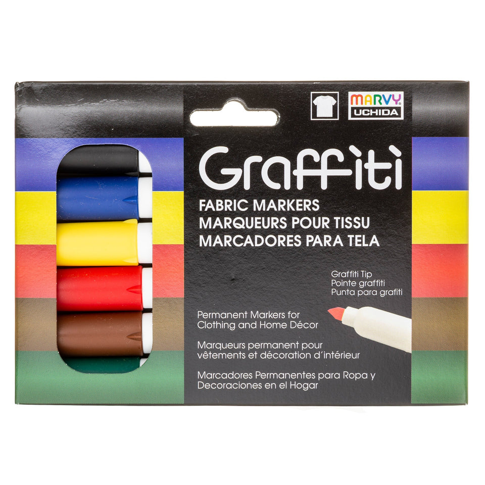 Marvy Uchida Graffiti Fabric Markers, Graffiti Tip, Primary Colors, 6 pc set, 551004977 Assorted 6 Pack - Premium Shop Markers by Brand from Marvy Uchida - Just $7.99! Shop now at Kis'like