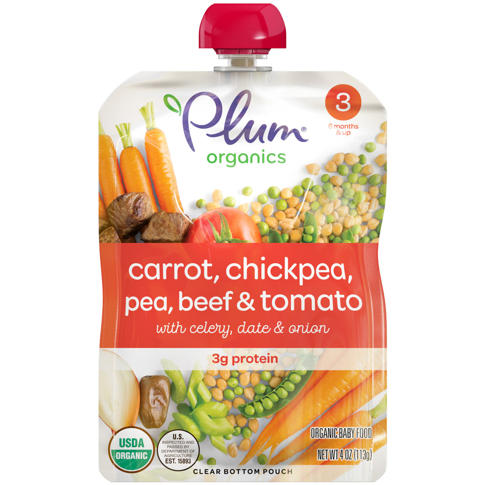 Plum Organics Stage 3, Organic Baby Food, Carrot, Chickpea, Pea, Beef & Tomato, 4oz Pouch (Pack of 6) Brown 6.690 x 3.330 x 8.03 - Premium Fall Baby Food from Plum Organics - Just $18.21! Shop now at Kis'like