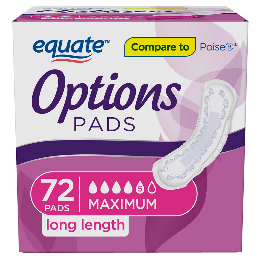Equate Options Maximum Absorbency Long Length Pads, 72 count White - Premium HSA Eligible Feminine Care from Equate - Just $17.99! Shop now at Kis'like