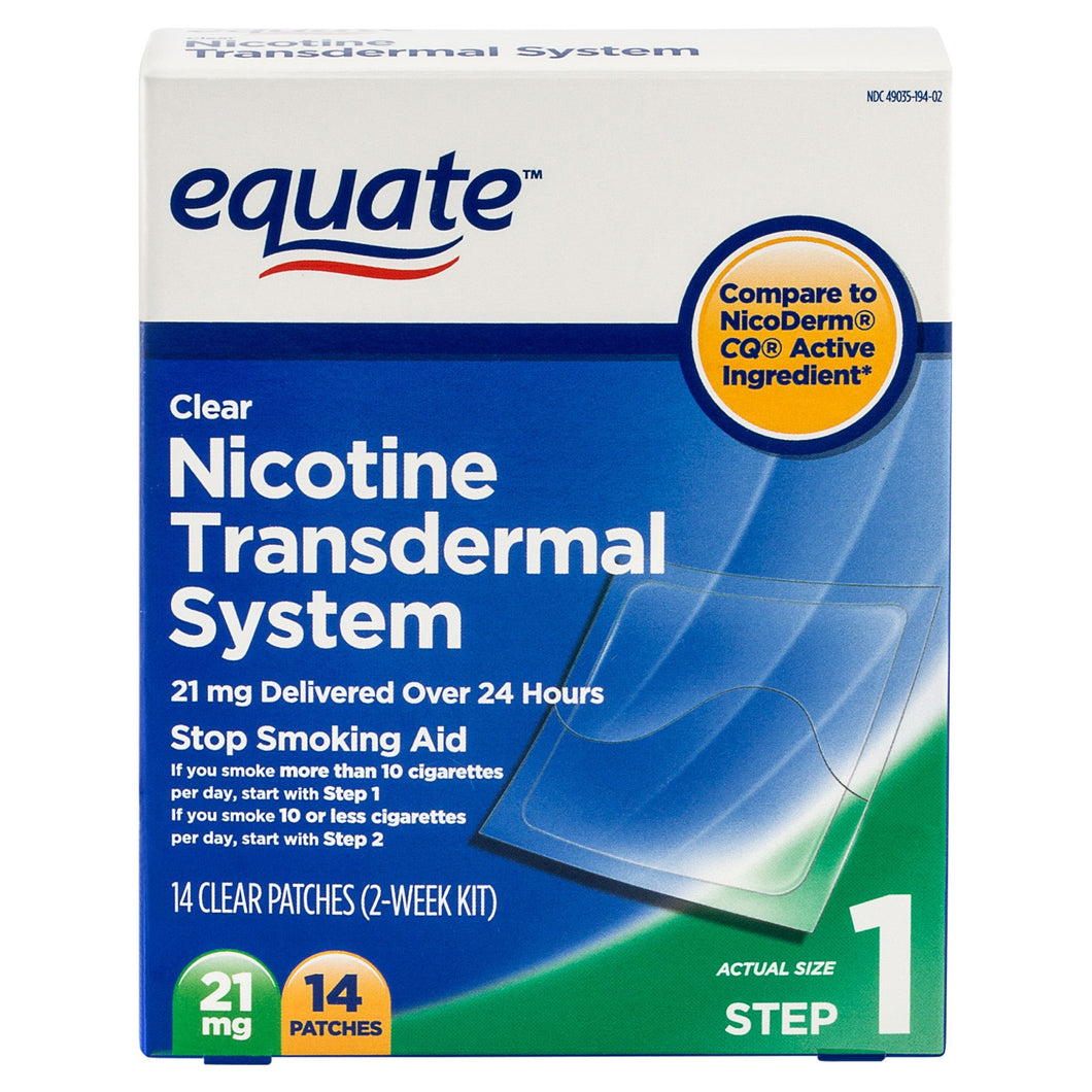 Equate Nicotine Transdermal System Step 1 Clear Patches, 21 mg, 14 Ct White - Premium Equate Nicotine Patches from Equate - Just $31.99! Shop now at Kis'like