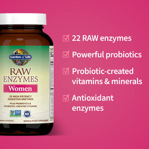 Garden of Life 22 Digestive Enzymes for Women with Bromelain, Papain, Lipase & Lactase Plus Probiotics & Vitamins B12, Biotin & Zinc – RAW Enzymes – Non-GMO, Gluten-Free, Vegetarian, 90 Capsules - Premium Multi-Enzymes from Garden of Life - Just $44.89! Shop now at KisLike
