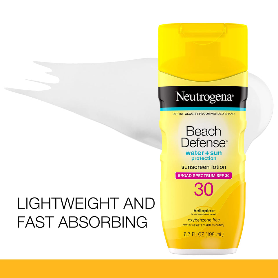 Neutrogena Beach Defense Water-Resistant Sunscreen Lotion with Broad Spectrum SPF 30, Oil-Free and PABA-Free Oxybenzone-Free Sunscreen Lotion, UVA/UVB Sun Protection, SPF 30, 6.7 fl. oz 6.70 Fl Oz (Pack of 1) - Premium Body Sunscreens from Neutrogena - Just $12.89! Shop now at KisLike