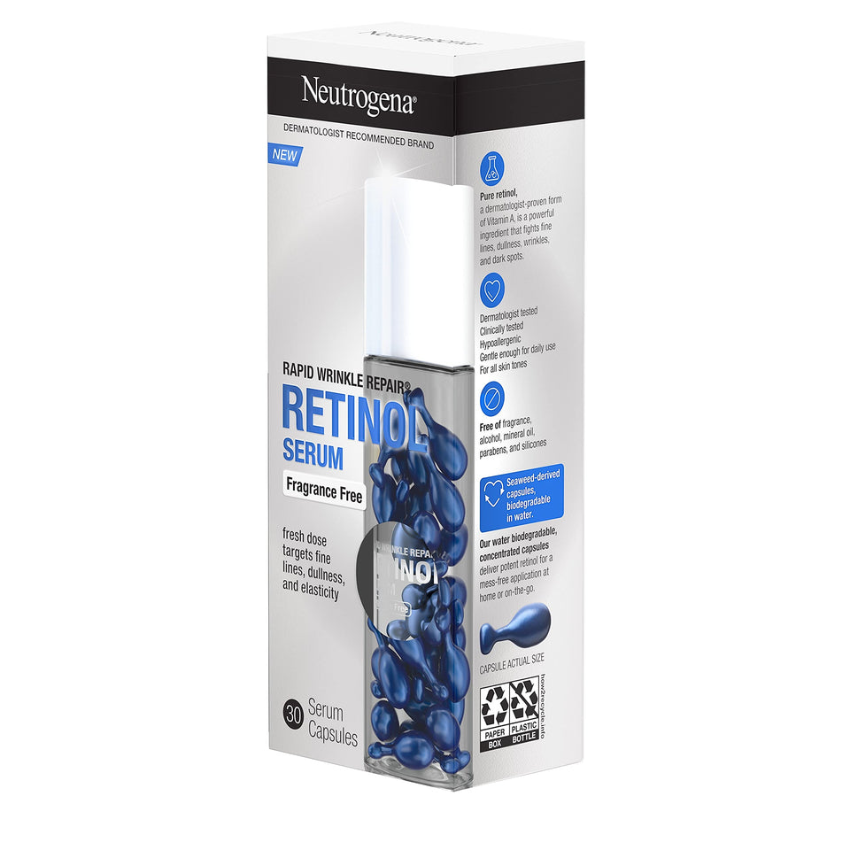 Neutrogena Rapid Wrinkle Repair Retinol Face Serum Capsules, Fragrance-Free Daily Facial Serum with Retinol that fights Fine Lines, Wrinkles, Dullness, Alcohol-Free & Non-Greasy, 30 ct 30 Count (Pack of 1) - Premium Face Oil from Neutrogena - Just $20.89! Shop now at KisLike