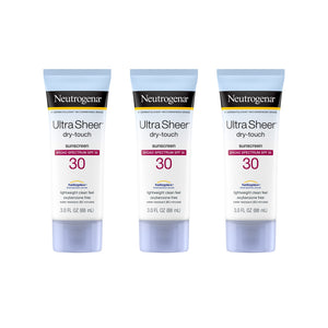Neutrogena Ultra Sheer Dry-Touch Sunscreen Lotion, Broad Spectrum SPF 30 UVA/UVB Protection, Oxybenzone-Free, Water Resistant, Non-Comedogenic, Non-Greasy, Travel Size, 3 Fl Oz, Pack of 3 - Premium Body Sunscreens from Neutrogena - Just $34.89! Shop now at Kis'like