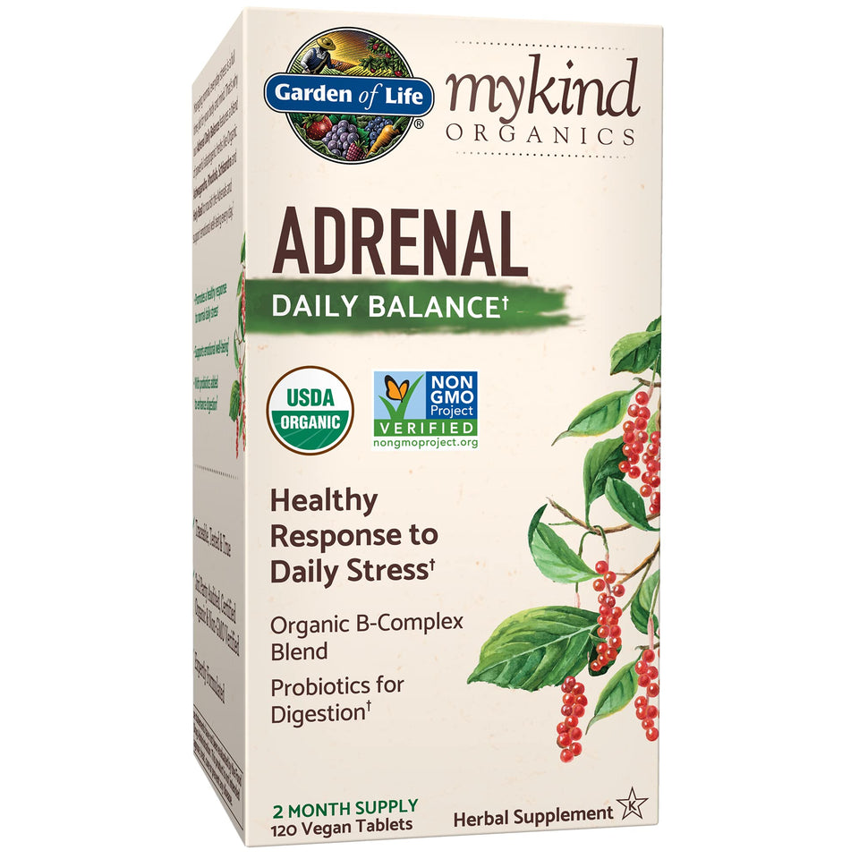Garden of Life mykind Organics Adrenal Daily Balance, Adaptogenic Herbs Ashwagandha, Holy Basil, B Complex & Probiotics, Organic Non-GMO, Vegan, Gluten Free Supplement, Two Month Supply, 120 Tablets - Premium Adrenal Extracts from Garden of Life - Just $40.89! Shop now at Kis'like