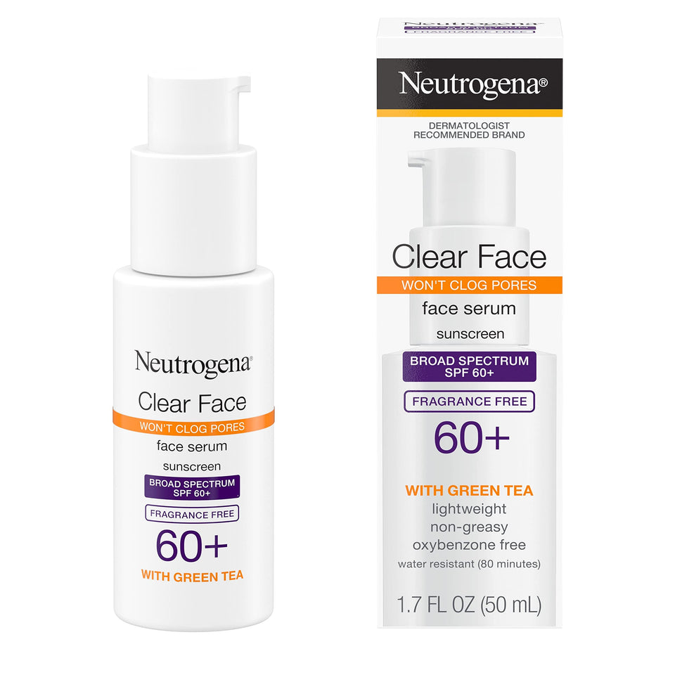 Neutrogena Clear Face Serum Sunscreen with Green Tea, Broad Spectrum SPF 60+, Non-Comedogenic Face Sunscreen for Lightweight UVA/UVB Protection, Oxybenzone- & Fragrance-Free, 1.7 fl. Oz - Premium Facial Sunscreens from Neutrogena - Just $16.89! Shop now at KisLike
