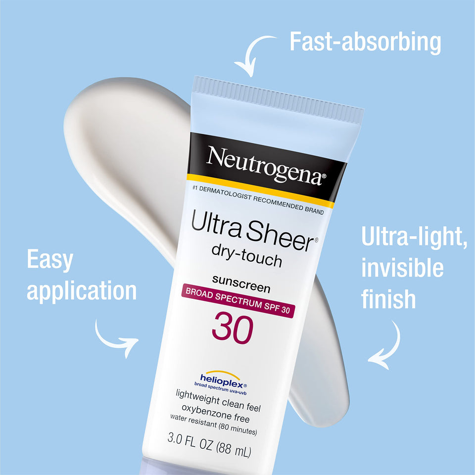 Neutrogena Ultra Sheer Dry-Touch Sunscreen Lotion, Broad Spectrum SPF 30 UVA/UVB Protection, Oxybenzone-Free, Water Resistant, Non-Comedogenic, Non-Greasy, Travel Size, 3 Fl Oz, Pack of 3 - Premium Body Sunscreens from Neutrogena - Just $34.89! Shop now at Kis'like