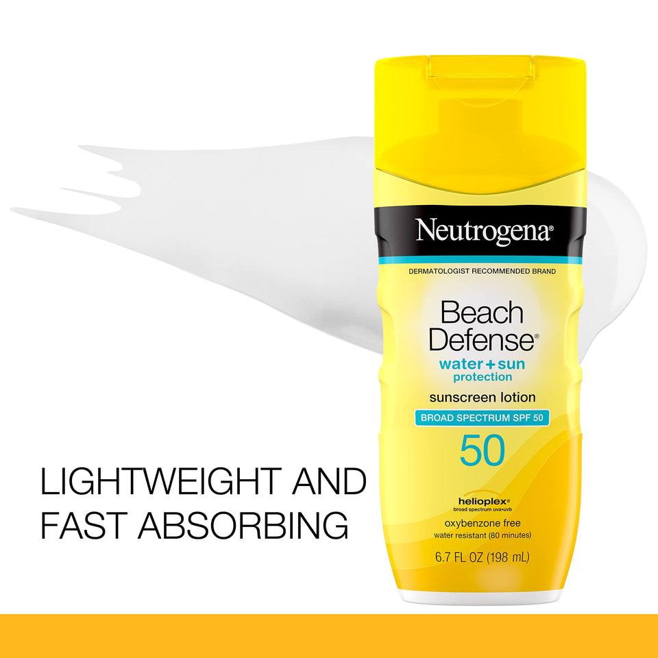 Neutrogena Beach Defense Water-Resistant Sunscreen Lotion with Broad Spectrum SPF 30, Oil-Free and PABA-Free Oxybenzone-Free Sunscreen Lotion, UVA/UVB Sun Protection, SPF 50, 6.7 fl. oz - Premium Body Sunscreens from Neutrogena - Just $11.89! Shop now at Kis'like