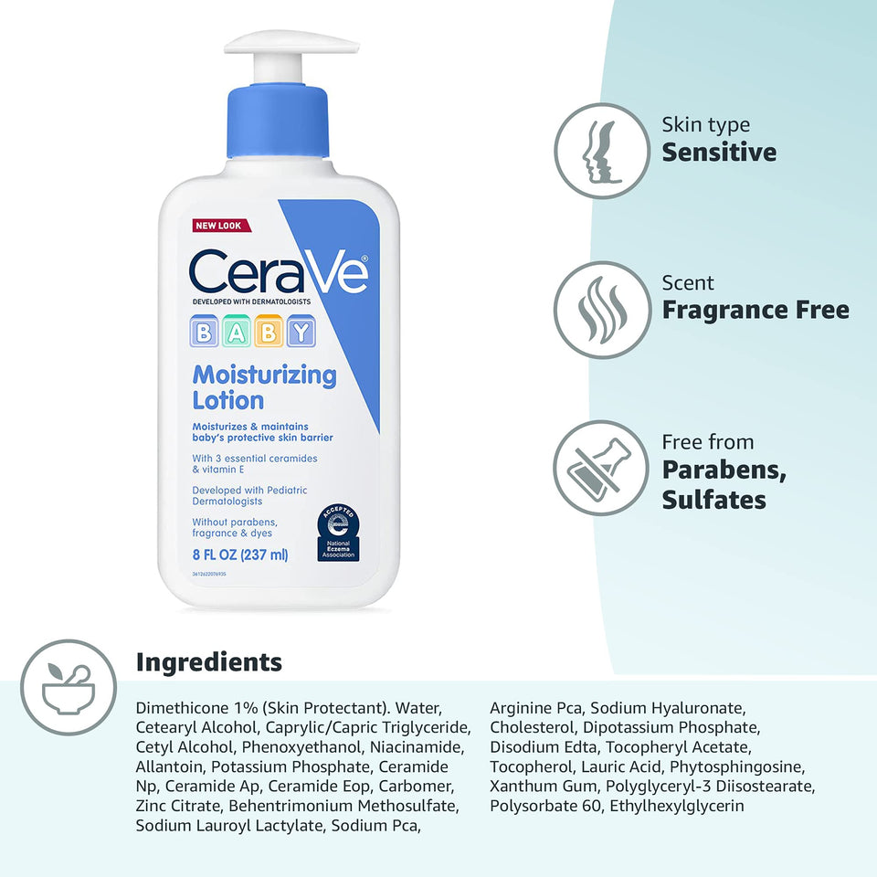 CeraVe Baby Lotion | Gentle Baby Skin Care with Ceramides, Niacinamide & Vitamin E | Fragrance, Paraben, Dye & Phthalates Free | Lightweight Baby Moisturizer | 8 Ounce | Packaging May Vary 8 Ounce (Pack of 1) - Premium Lotions from CeraVe - Just $12.89! Shop now at Kis'like
