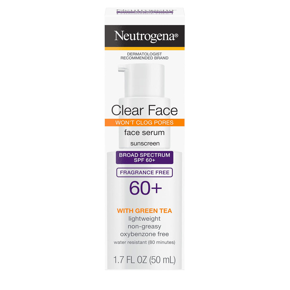 Neutrogena Clear Face Serum Sunscreen with Green Tea, Broad Spectrum SPF 60+, Non-Comedogenic Face Sunscreen for Lightweight UVA/UVB Protection, Oxybenzone- & Fragrance-Free, 1.7 fl. Oz - Premium Facial Sunscreens from Neutrogena - Just $20.89! Shop now at Kis'like