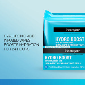 Neutrogena Hydro Boost Facial Cleansing Towelettes + Hyaluronic Acid, Hydrating Makeup Remover Face Wipes Remove Dirt & Waterproof Makeup, Hypoallergenic, 100% Plant-Based Cloth, 2 x 25 ct - Premium Cloths & Towelettes from Neutrogena - Just $15.89! Shop now at Kis'like