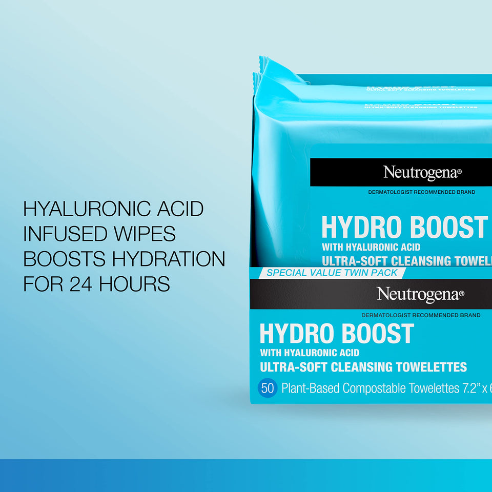 Neutrogena Hydro Boost Facial Cleansing Towelettes + Hyaluronic Acid, Hydrating Makeup Remover Face Wipes Remove Dirt & Waterproof Makeup, Hypoallergenic, 100% Plant-Based Cloth, 2 x 25 ct - Premium Cloths & Towelettes from Neutrogena - Just $15.89! Shop now at KisLike