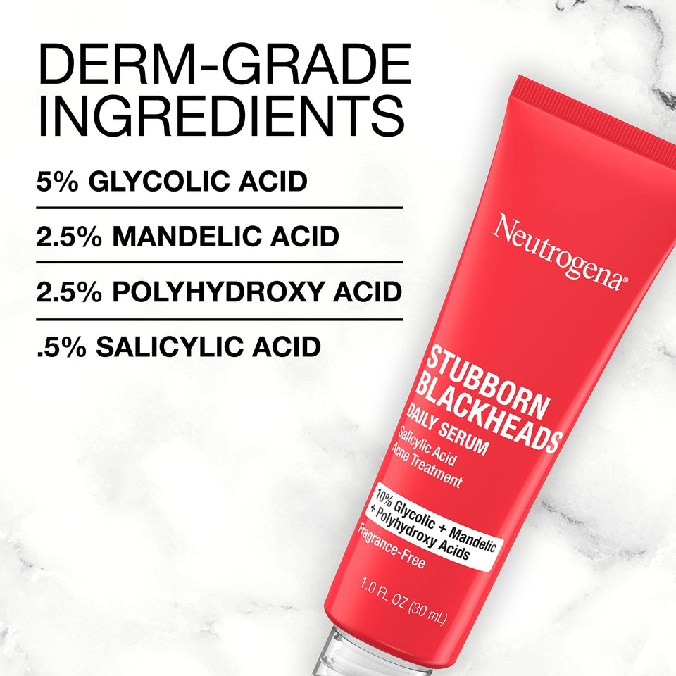 Neutrogena Stubborn Blackheads Daily Acne Facial Serum with Salicylic, Glycolic, Polyhydroxy & Mandelic Acids, Oil-Free Face Serum for Acne-Prone Skin to Help Clear Clogged Pores, 1 fl. oz Daily Serum - Premium Facial Peels from Neutrogena - Just $17.89! Shop now at Kis'like