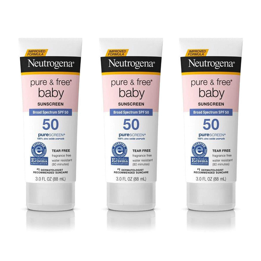 Neutrogena Pure & Free Baby Mineral Sunscreen Lotion with Broad Spectrum SPF 50 & Zinc Oxide, Water-Resistant, Hypoallergenic & Tear-Free Baby Sunscreen, 3 fl. oz, 3 pk - Premium Body Sunscreens from Neutrogena - Just $34.89! Shop now at Kis'like