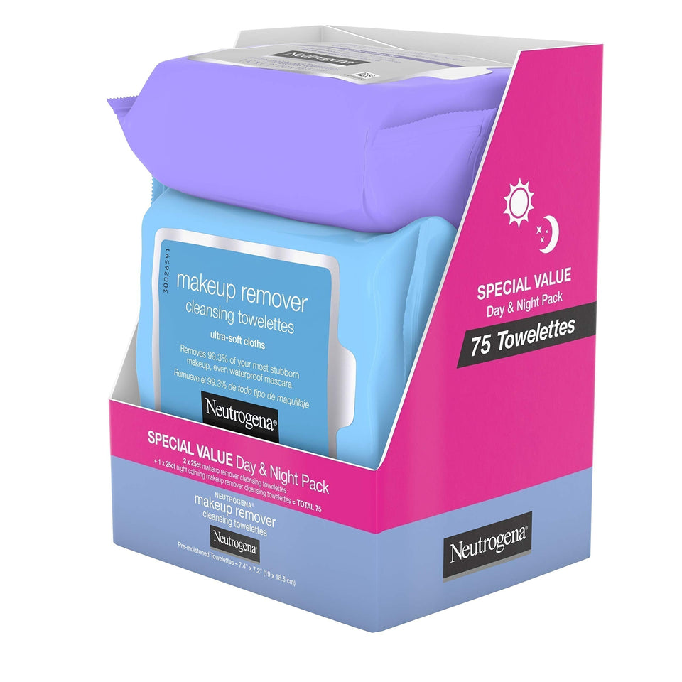 Neutrogena Day & Night Wipes with Makeup Remover Face Cleansing Towelettes & Night Calming Facial Cloths, Alcohol-Free Wipes to Remove Dirt, Oil & Waterproof Mascara, 3 Packs of 25 ct, 75 ct - Premium Cloths & Towelettes from Neutrogena - Just $16.89! Shop now at Kis'like