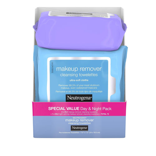 Neutrogena Day & Night Wipes with Makeup Remover Face Cleansing Towelettes & Night Calming Facial Cloths, Alcohol-Free Wipes to Remove Dirt, Oil & Waterproof Mascara, 3 Packs of 25 ct, 75 ct - Premium Cloths & Towelettes from Neutrogena - Just $16.89! Shop now at Kis'like