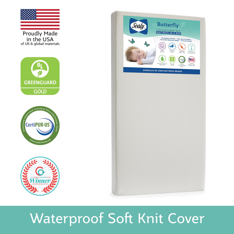 Sealy Butterfly, Premium Firm Crib Toddler Mattress in a Box, Breathable Knit Cover White 52 x 28 - Premium Crib & Toddler Mattresses from Sealy - Just $124.91! Shop now at Kis'like
