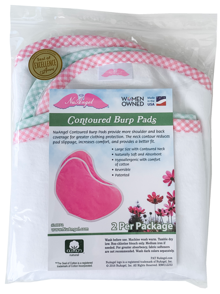 NuAngel Large Contoured Burp Pads - Pink/Green Trim- 2 count White with pink/mint green trim L - Premium Bibs and Burp Cloths from NuAngel - Just $15.99! Shop now at Kis'like