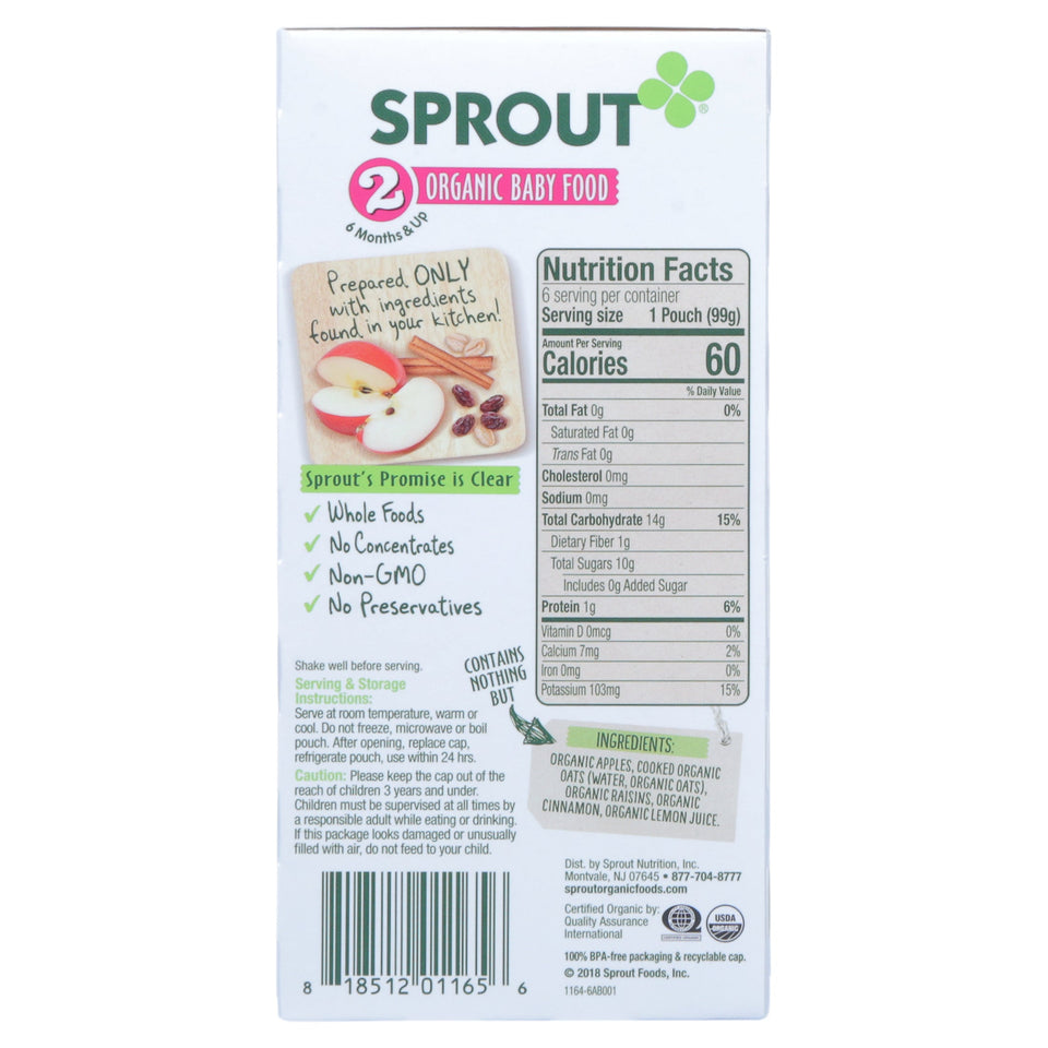 Sprout Organic Baby Food Stage 2 Pouches Apple Oatmeal Raisin with Cinnamon Pack of 6 - Premium Baby Food Pouches from Sprout - Just $12.99! Shop now at Kis'like