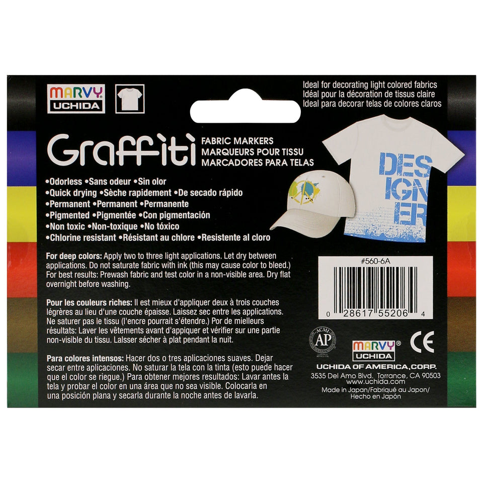 Marvy Uchida Graffiti Fabric Markers, Graffiti Tip, Primary Colors, 6 pc set, 551004977 Assorted 6 Pack - Premium Shop Markers by Brand from Marvy Uchida - Just $7.99! Shop now at Kis'like
